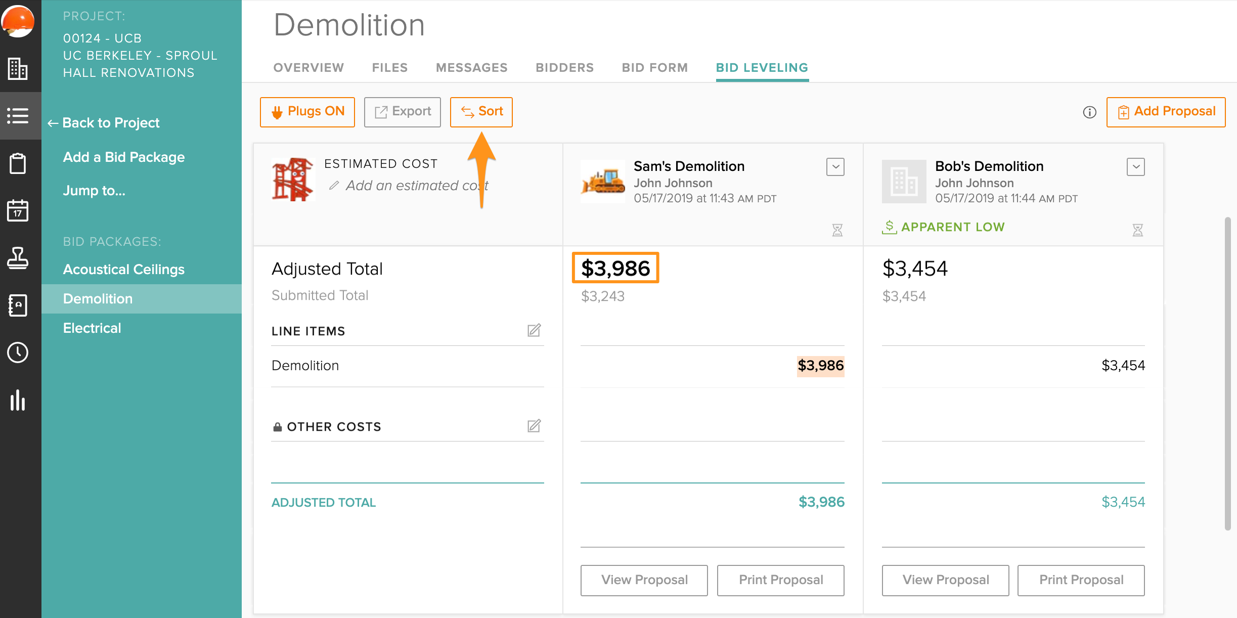 How to sort by “Leveled Bid” in the Bid Leveling tab